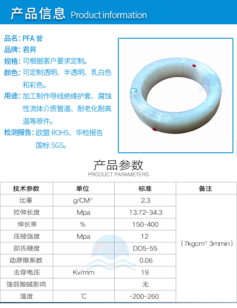 君昇PFA管规格参数